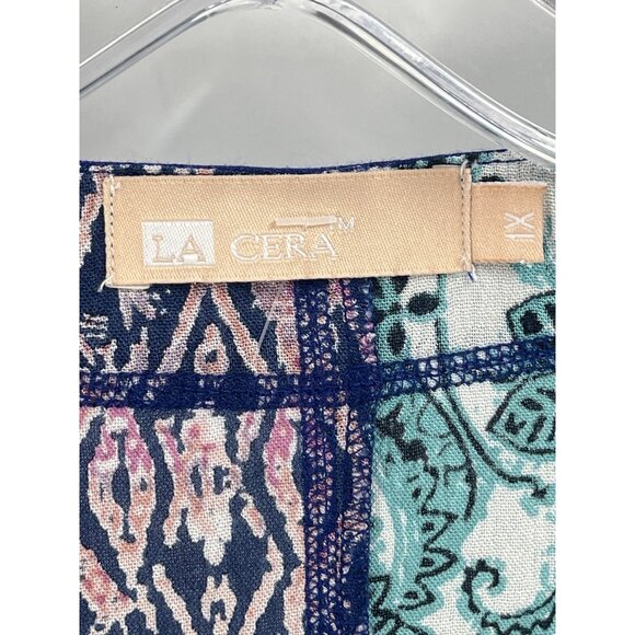 La Cera Funky Print Art to Wear Long Sleeve Top Sz 1X Wooden Buttons - Picture 4 of 7